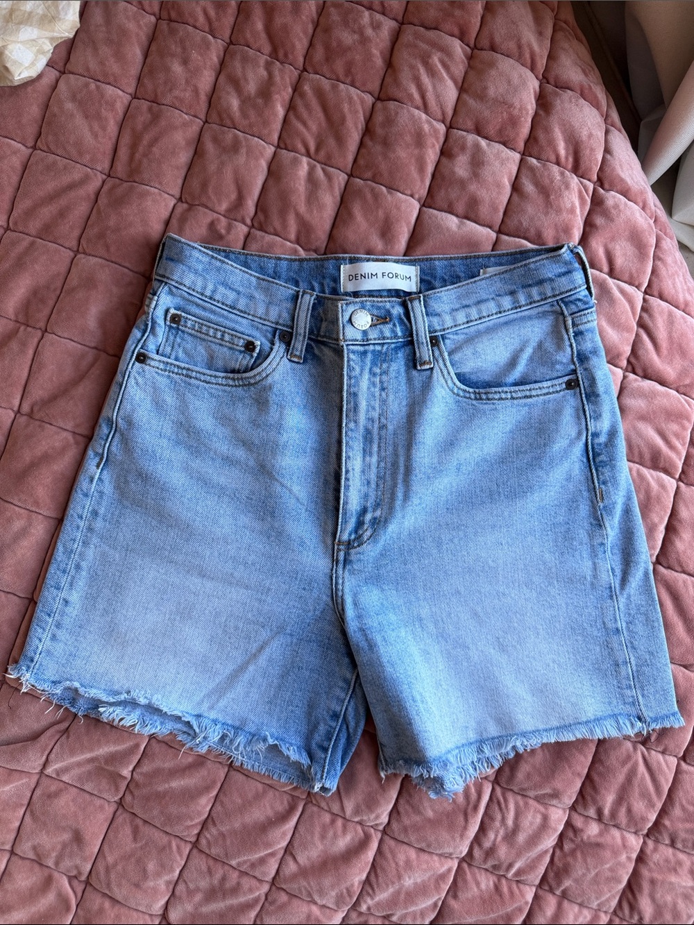 Denim Forum Light Blue High-Rise Frayed Hem Jean Shorts